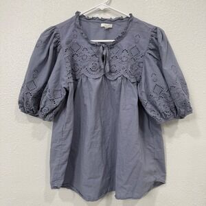 Maurice's Blue Cotton Eyelet Puff Sleeve Ruffle Neck Tie Blouse Size L